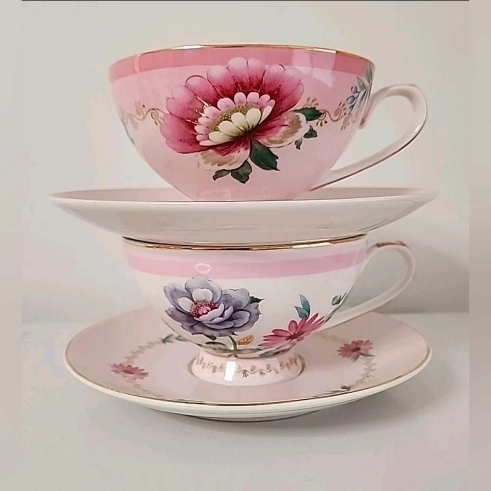 Grace Teaware Pink Floral Tea Cup Saucer Set 2 Cottagecore Gold Gilt Tea Party